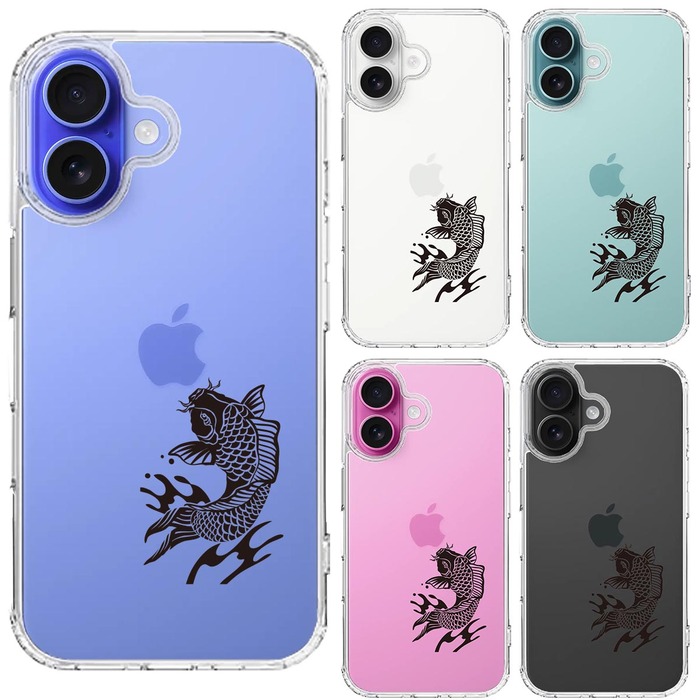 iPhone16 ケース クリア 黒鯉 スマホケース 側面ソフト 背面ハード ハイブリッド -1