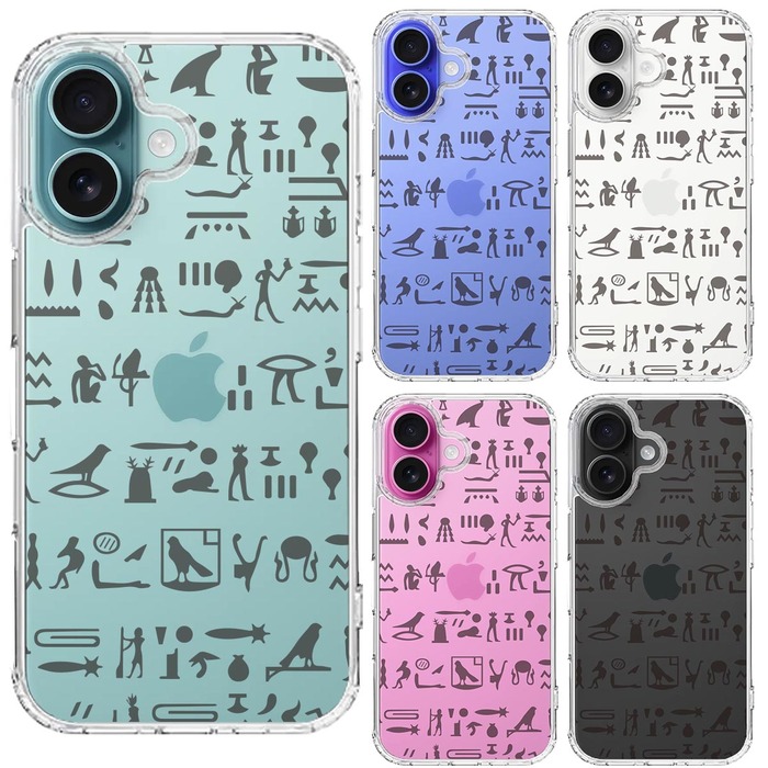 iPhone16 ケース クリア ヒエログリフ 象形文字 黒 スマホケース 側面ソフト 背面ハード ハイブリッド -1