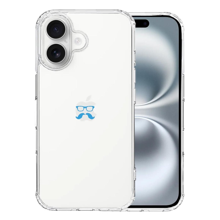iPhone16 ケース クリア ひげ メガネ 髭 眼鏡 スカイ ブルー スマホケース 側面ソフト 背面ハード ハイブリッド -0