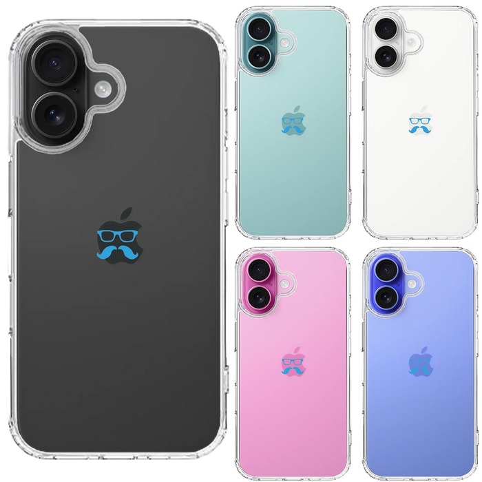 iPhone16 ケース クリア ひげ メガネ 髭 眼鏡 スカイ ブルー スマホケース 側面ソフト 背面ハード ハイブリッド -1