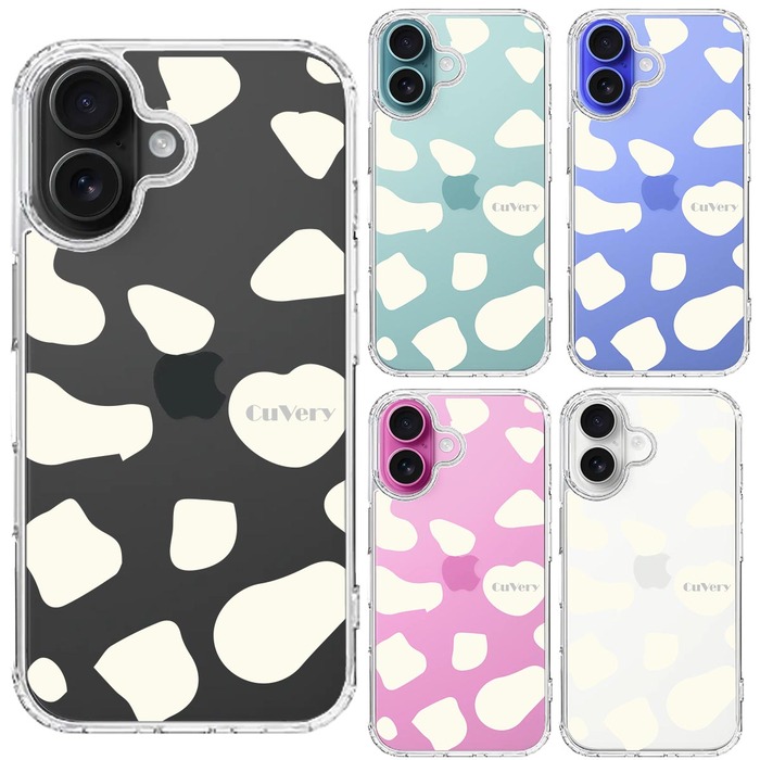 iPhone16 ケース クリア アニマル柄 カウ 牛 ホワイト スマホケース 側面ソフト 背面ハード ハイブリッド -1