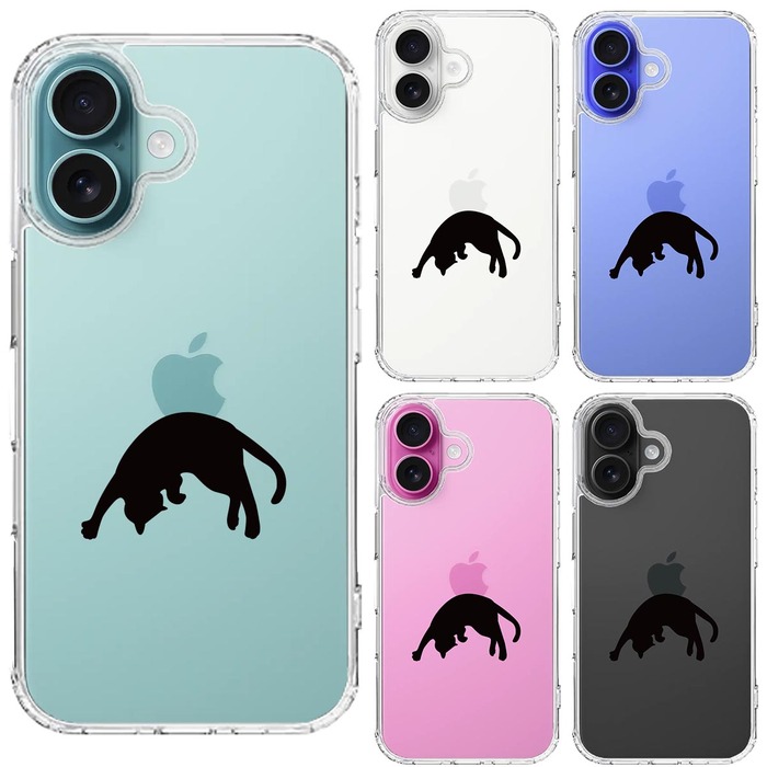 iPhone16 ケース クリア ねこ 猫 リンゴを乗せてみる スマホケース 側面ソフト 背面ハード ハイブリッド -1
