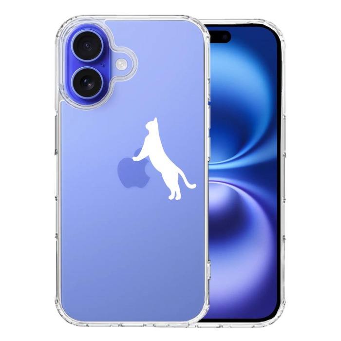 iPhone16 ケース クリア ねこ 猫 リンゴで伸び ホワイト スマホケース 側面ソフト 背面ハード ハイブリッド -0