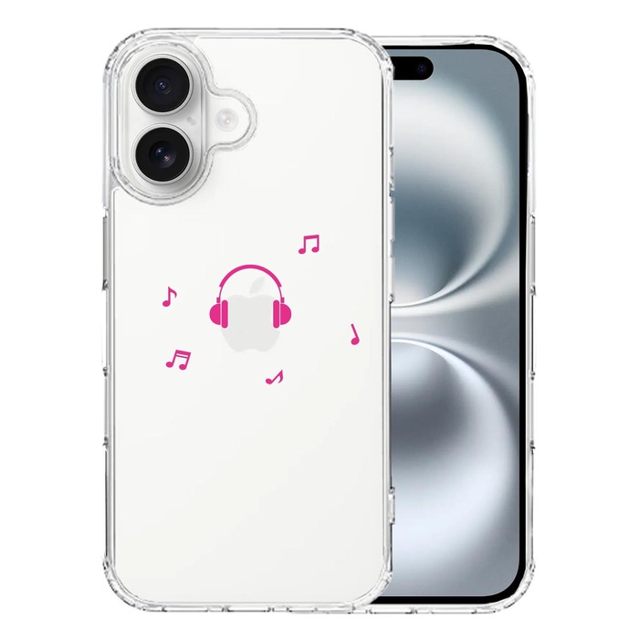 iPhone16 ケース クリア ヘッドフォン ヘッドホン ピンク スマホケース 側面ソフト 背面ハード ハイブリッド -0
