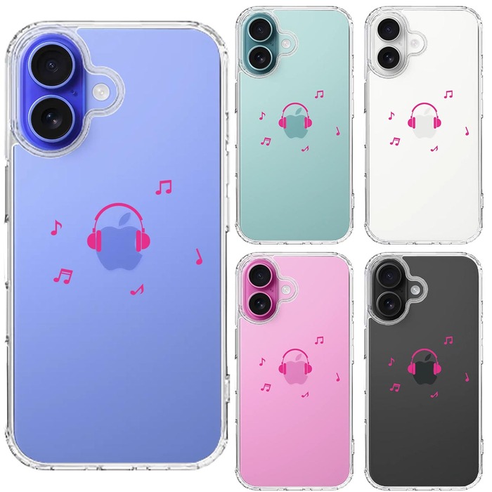 iPhone16 ケース クリア ヘッドフォン ヘッドホン ピンク スマホケース 側面ソフト 背面ハード ハイブリッド -1