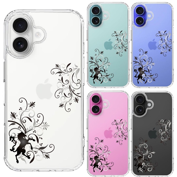 iPhone16 ケース クリア フローラル ユニコーン グレー スマホケース 側面ソフト 背面ハード ハイブリッド -1