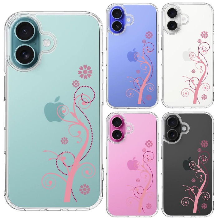 iPhone16 ケース クリア フローラル つる模様 ピンク スマホケース 側面ソフト 背面ハード ハイブリッド -1