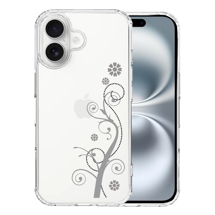 iPhone16 ケース クリア フローラル つる模様 グレー スマホケース 側面ソフト 背面ハード ハイブリッド -0