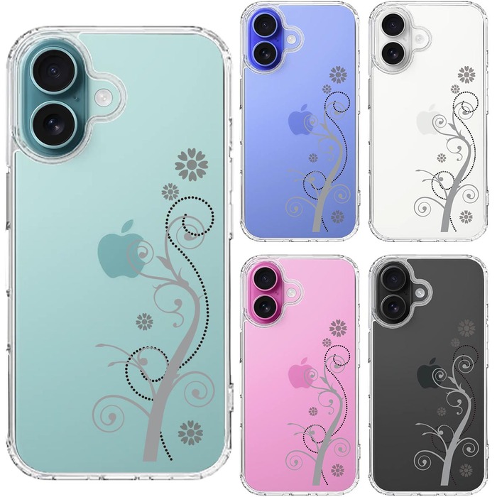 iPhone16 ケース クリア フローラル つる模様 グレー スマホケース 側面ソフト 背面ハード ハイブリッド -1