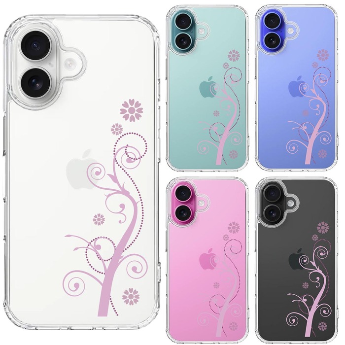 iPhone16 ケース クリア フローラル つる模様 パープル スマホケース 側面ソフト 背面ハード ハイブリッド -1