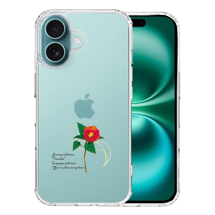 iPhone16 ケース クリア 一輪花 1月 椿 つばき スマホケース 側面ソフト 背面ハード ハイブリッド -0