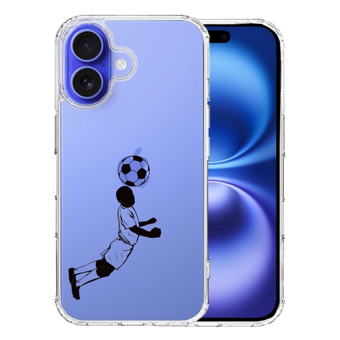 iPhone16 ケース クリア サッカー ヘディング 男子 黒 スマホケース 側面ソフト 背面ハード ハイブリッド -0