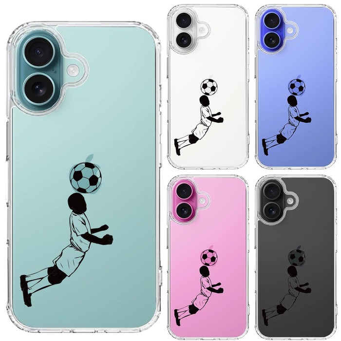 iPhone16 ケース クリア サッカー ヘディング 男子 黒 スマホケース 側面ソフト 背面ハード ハイブリッド -1