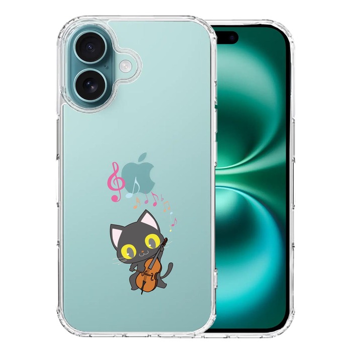 iPhone16 ケース クリア チェロ ねこ スマホケース 側面ソフト 背面ハード ハイブリッド -0
