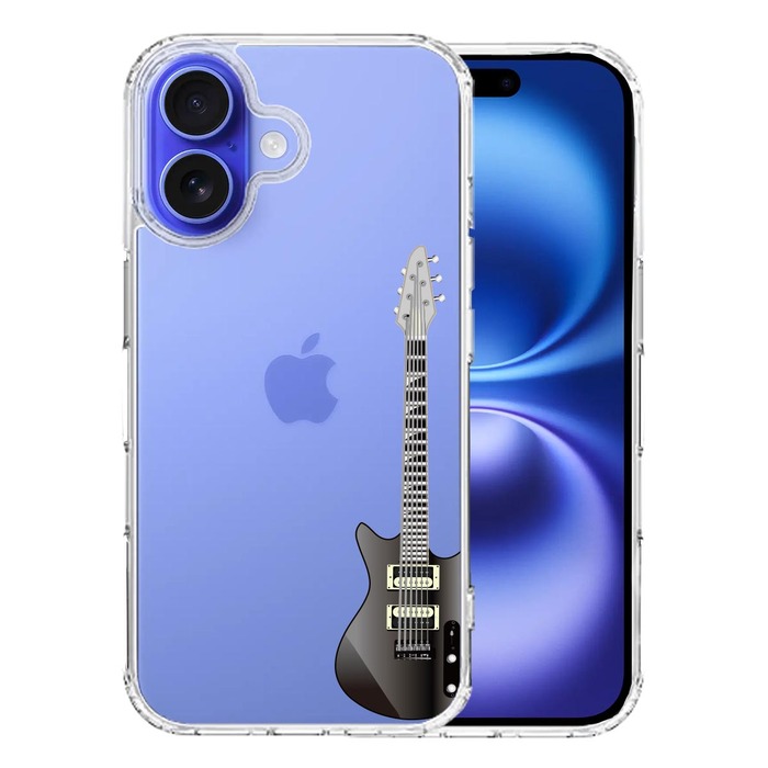 iPhone16 ケース クリア エレキギター 黒 スマホケース 側面ソフト 背面ハード ハイブリッド -0