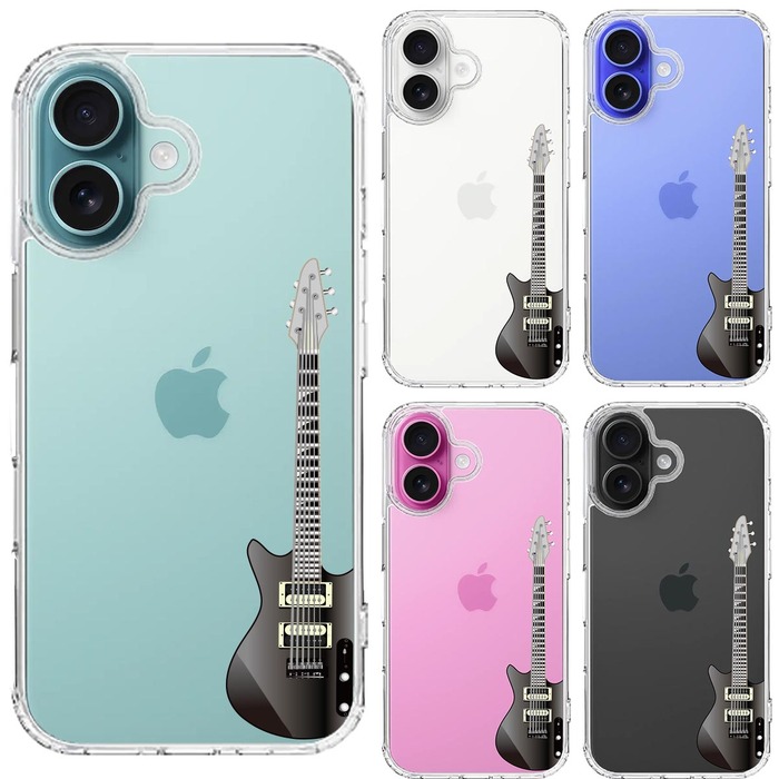 iPhone16 ケース クリア エレキギター 黒 スマホケース 側面ソフト 背面ハード ハイブリッド -1