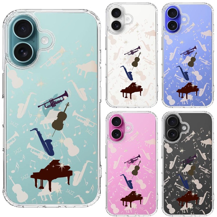 iPhone16 ケース クリア JAZZ 2 楽器 音符 スマホケース 側面ソフト 背面ハード ハイブリッド -1