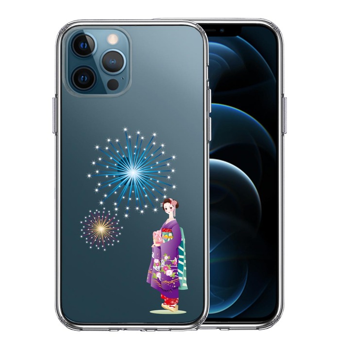 iPhone12Pro ケース クリア 花火と着物女性 スマホケース 側面ソフト 背面ハード ハイブリッド -0