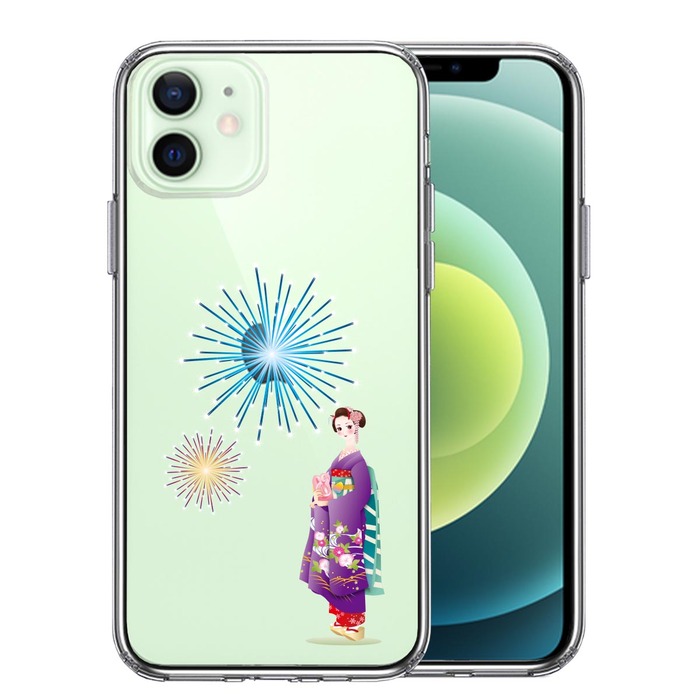 iPhone12 ケース クリア 花火と着物女性 スマホケース 側面ソフト 背面ハード ハイブリッド -0