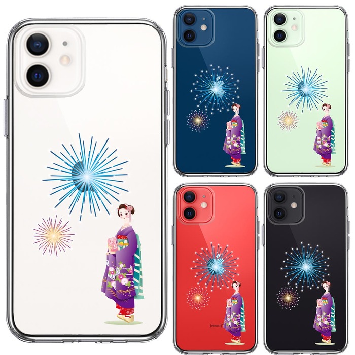 iPhone12 ケース クリア 花火と着物女性 スマホケース 側面ソフト 背面ハード ハイブリッド -1
