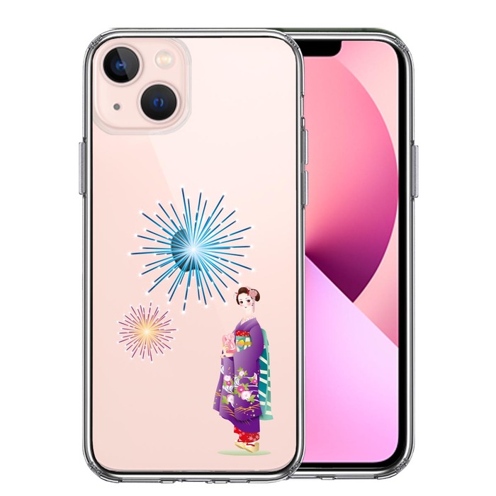iPhone13mini ケース クリア 花火と着物女性 スマホケース 側面ソフト 背面ハード ハイブリッド -0