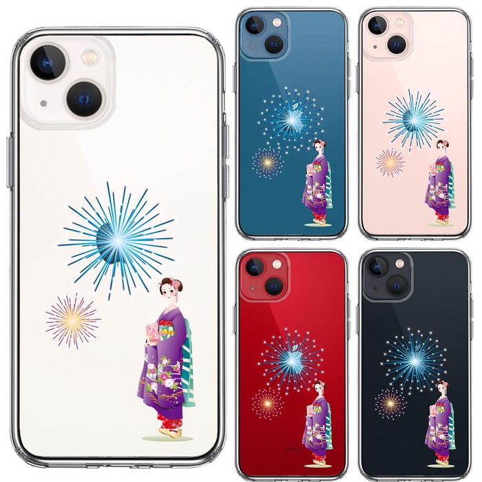 iPhone13mini ケース クリア 花火と着物女性 スマホケース 側面ソフト 背面ハード ハイブリッド -1
