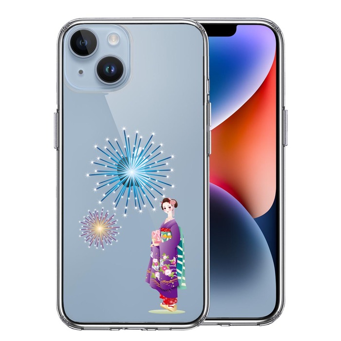 iPhone14 Plus ケース クリア 花火と着物女性 スマホケース 側面ソフト 背面ハード ハイブリッド -0