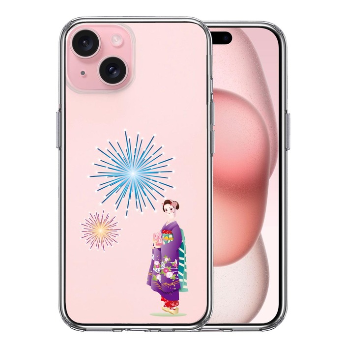 iPhone15Plus ケース クリア 花火と着物女性 スマホケース 側面ソフト 背面ハード ハイブリッド -0