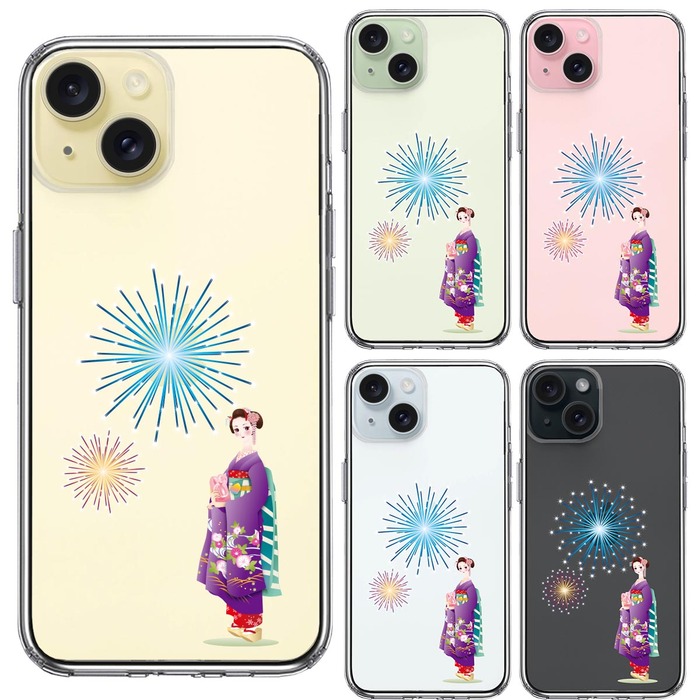iPhone15Plus ケース クリア 花火と着物女性 スマホケース 側面ソフト 背面ハード ハイブリッド -1