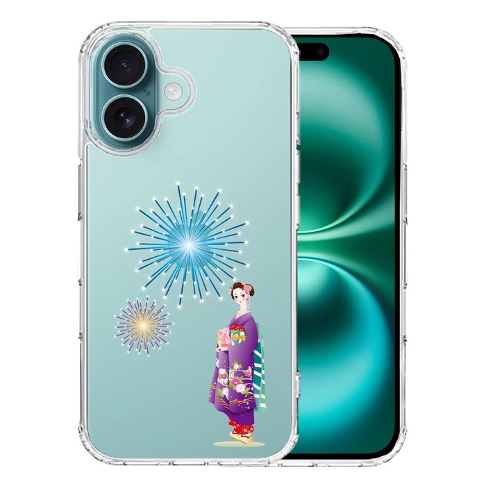 iPhone16 ケース クリア 花火と着物女性 スマホケース 側面ソフト 背面ハード ハイブリッド -0
