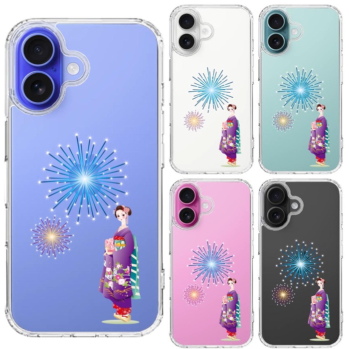 iPhone16 ケース クリア 花火と着物女性 スマホケース 側面ソフト 背面ハード ハイブリッド -1