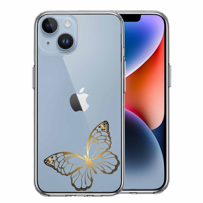 iPhone14 ケース クリア 蝶 ちょうちょう バタフライ ゴールド スマホケース 側面ソフト 背面ハード ハイブリッド -0