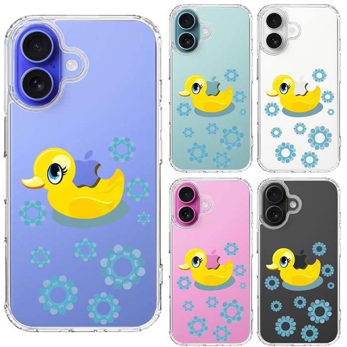 iPhone16 ケース クリア アヒルちゃん あひる ブルー スマホケース 側面ソフト 背面ハード ハイブリッド -1