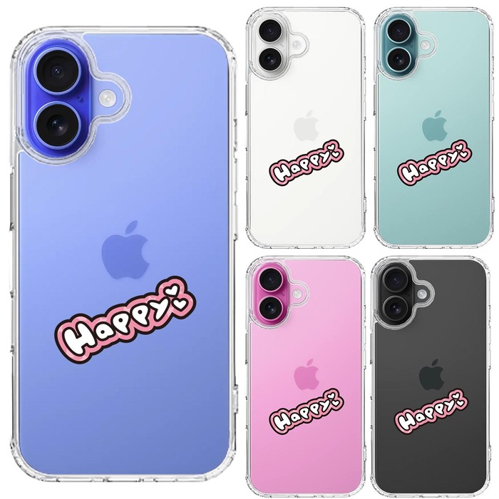 iPhone16 ケース クリア happy 幸せ ハッピー スマホケース 側面ソフト 背面ハード ハイブリッド -1