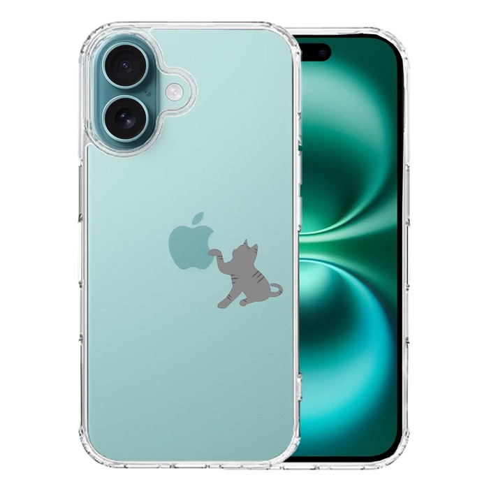 iPhone16 ケース クリア にゃんこ ねこ 猫 どら猫 リンゴきになる スマホケース 側面ソフト 背面ハード ハイブリッド -0