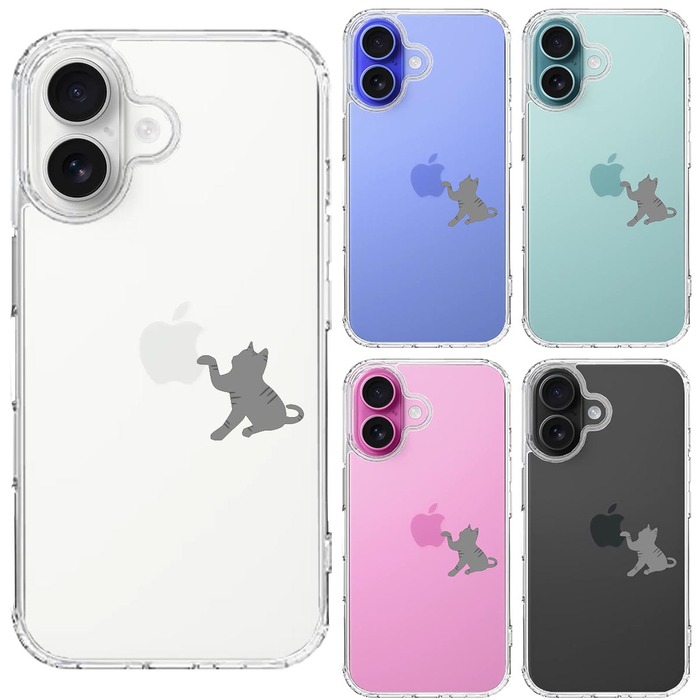 iPhone16 ケース クリア にゃんこ ねこ 猫 どら猫 リンゴきになる スマホケース 側面ソフト 背面ハード ハイブリッド -1