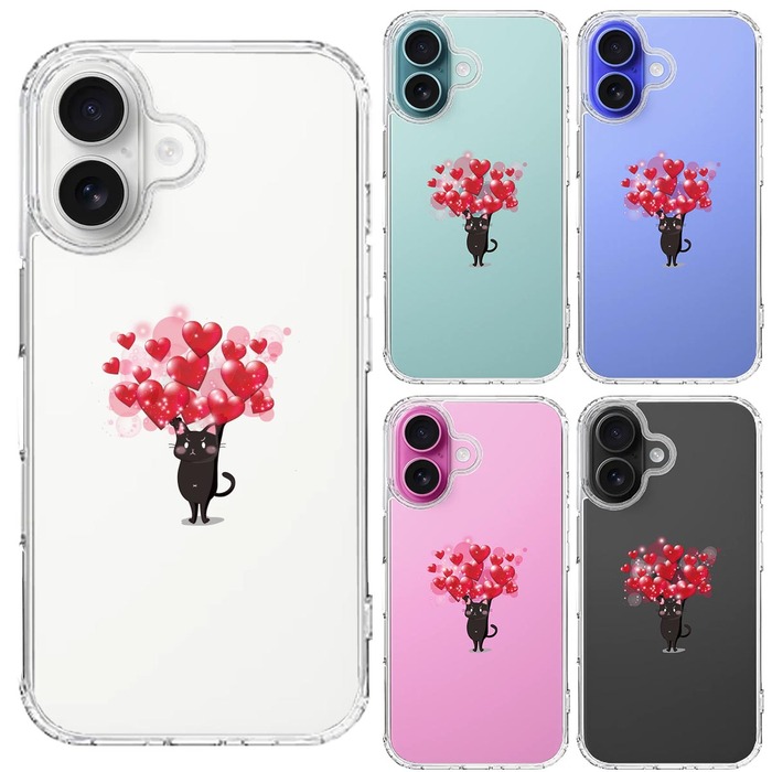 iPhone16 ケース クリア 猫 ネコ にゃんこ ハート 黒猫 2 スマホケース 側面ソフト 背面ハード ハイブリッド -1