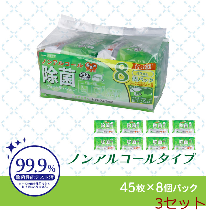 清潔習慣 除菌ウェットティシュ ノンアルコールタイプ 45枚入×8個パック 3セット-0