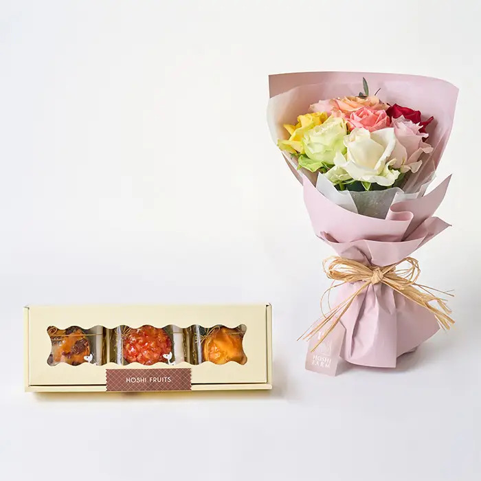 ホシファーム フリルブーケカラフル８本＆ホシフルーツ煌めき果実のカップケーキ３個入 メッセージカード付 ラッピング済-1