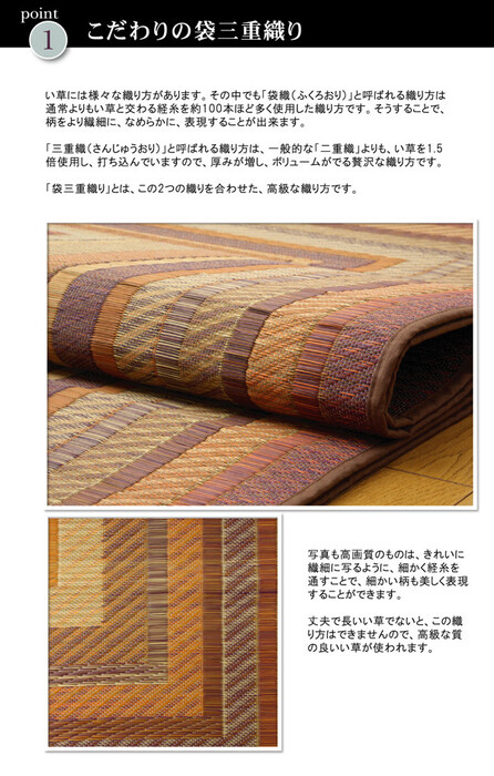 ラグ 日本製 純国産 袋三重織 い草ラグカーペット 約140×200cm　DXグラデーション 裏 不織布　ブラウン-1