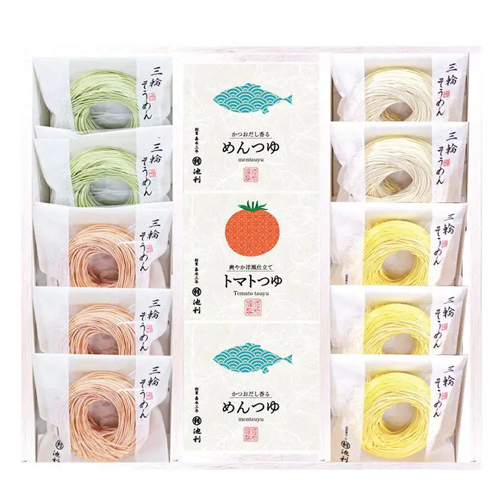 夏季限定 池利 まあるい彩り三輪素麺と２種のつゆ　めんつゆ(25ml×3)×2、トマトつゆ50g×4 のし対応可-0