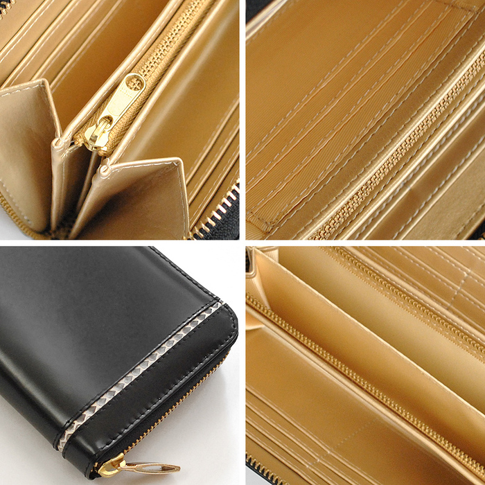 長財布 BEAMZSQUARE 蛇革クロスライン×馬革ラウンドファスナー長財布 BZSQ 318 黒金開運金運財布 送料無料 長財布 BEAMZSQUARE 蛇革クロスライン×馬革ラウンドファスナー長財布