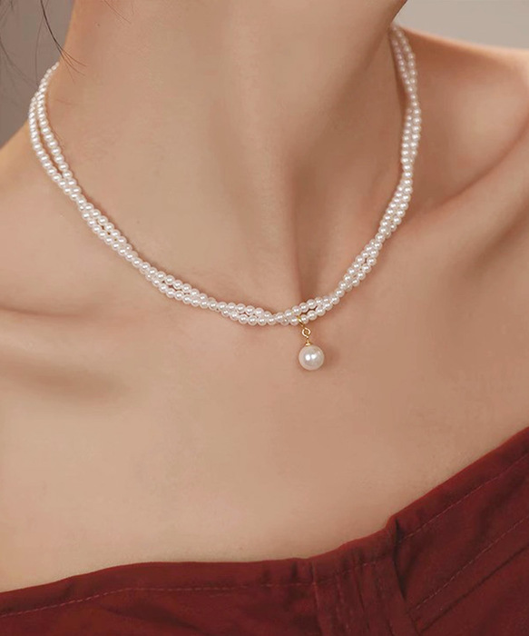 2連パールネックレス 結婚式 重ね付け風-0