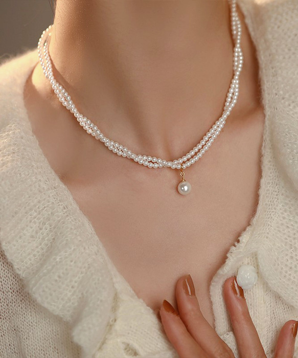 2連パールネックレス 結婚式 重ね付け風-2