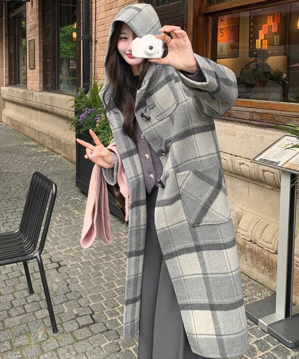 トグルボタンロングコートチェック柄コート : まるっとマーケット