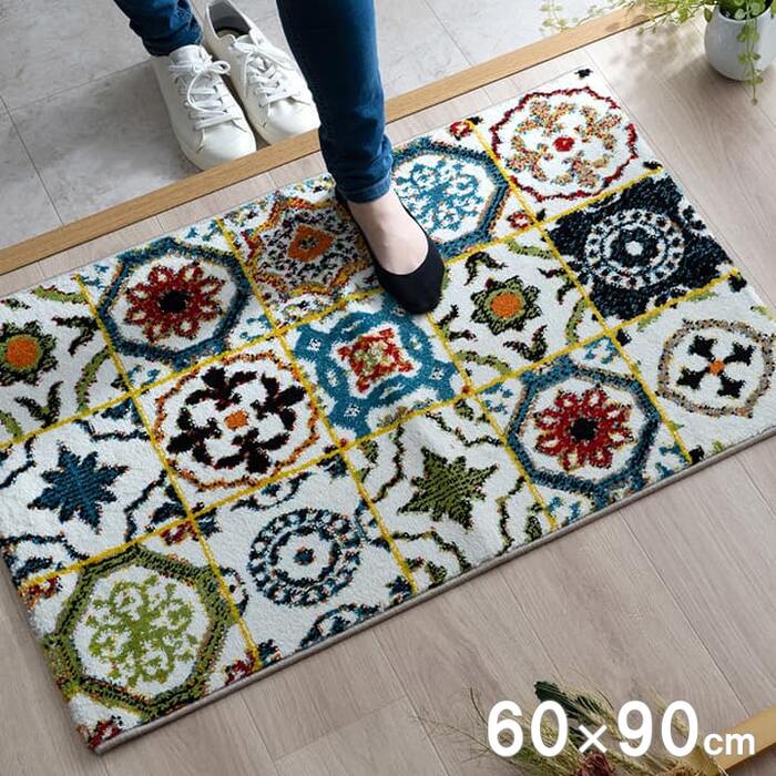 玄関マット トルコ製 ウィルトン織り 約60×90cm 抗菌防臭 消臭機能 へたりにくい　ホワイトをベースにカラフルな色で柄を-0
