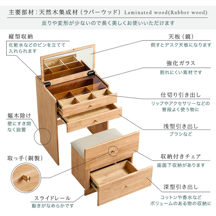 チェア付きコンパクトマルチ収納ドレッサー Lund ルンド-3