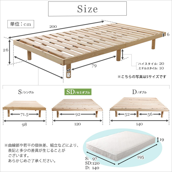 3段階高さ調節国産総檜脚付きすのこベッド Pierna ピエルナ ポケットコイルロールマットレス付きセミダブル-1