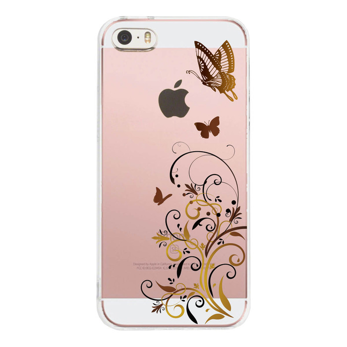 iPhone5 iPhone5s ケース クリア 花と蝶 ブラウン スマホケース ハード スマホケース ハード-1