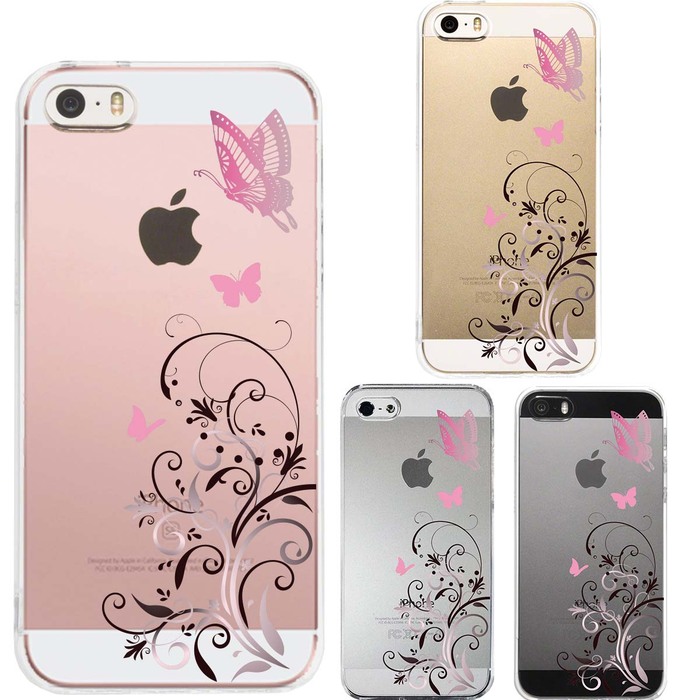 iPhone5 iPhone5s ケース クリア 花と蝶 ピンク スマホケース ハード スマホケース ハード-0